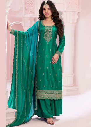 Green Art Silk Palazzo Suit In Zari Embroidery