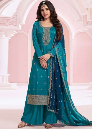 Blue Art Silk Zari Embroidered Palazzo Suit