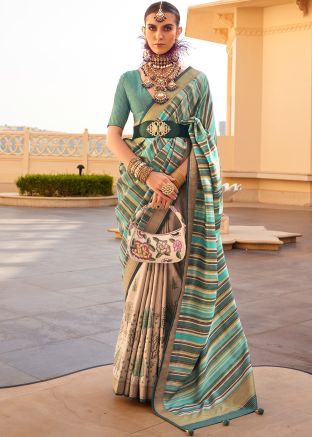 Green & Beige Woven Viscose Silk Saree