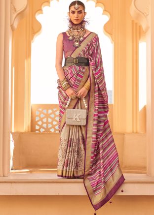 Pink & Beige Woven Saree In Viscose Silk