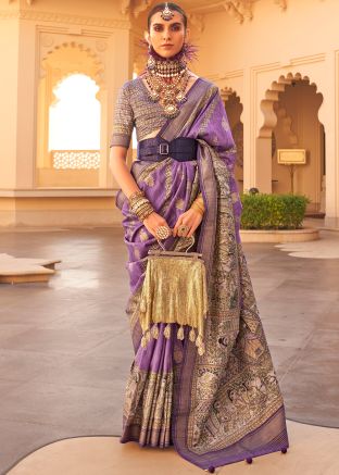 Purple Woven Viscose Saree & Blouse