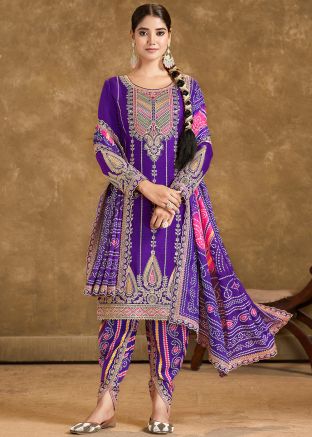 Readymade Purple Zari Embroidered Dhoti Style Suit