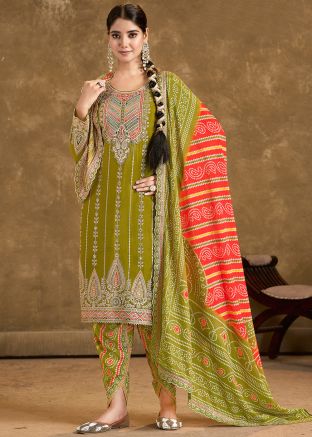 Readymade Green Zari Embroidered Dhoti Style Suit