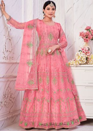 Pink Dori Embroidered Net Abaya Style Suit