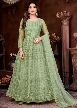Sage Green Embroidered Net Abaya Style Suit