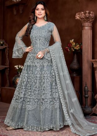 Grey Embroidered Abaya Style Suit In Net