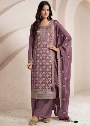 Purple Embroidered Pant Suit Set