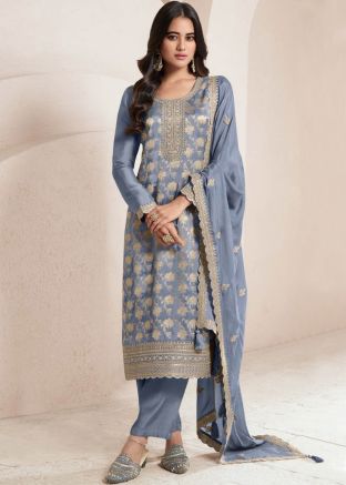 Blue Embroidered Silk Salwar Suit Set