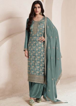 Green Embroidered Salwar Suit Set In Silk