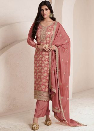 Pink Embroidered Silk Salwar Suit Set