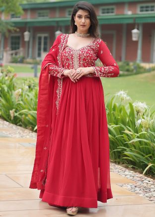 Red Embroidered Anarkali  Suit Set In Gorgette