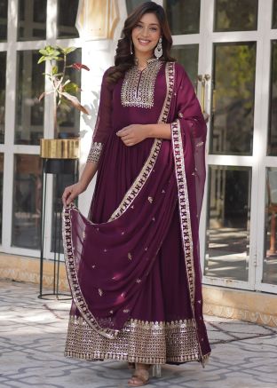 Readymade Purple Embroidered Anarkali Suit Set