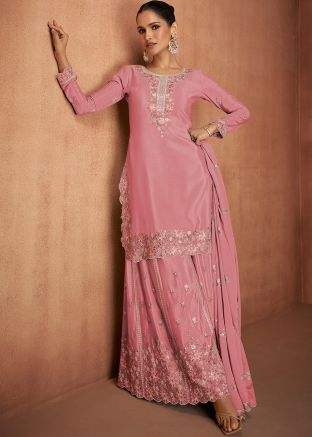 Coral Pink Readymade Embroidered Sharara Suit Set