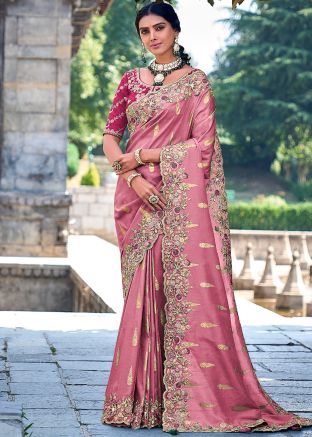 Pink Thread Embroidered Art Silk Saree