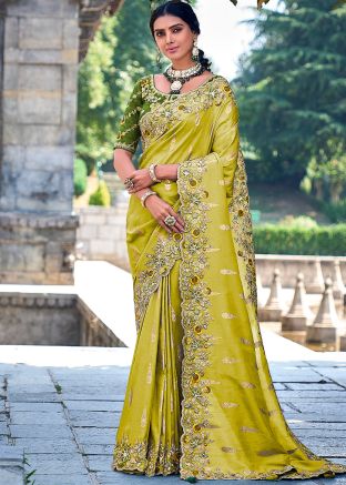 Green Thread Embroidered Saree In Art Silk