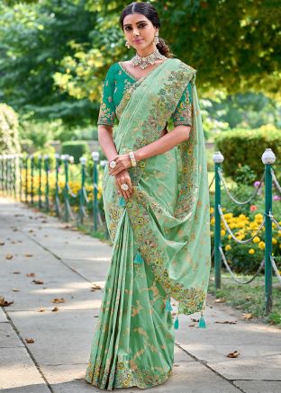Pastel Green Embroidered Saree In Art Silk