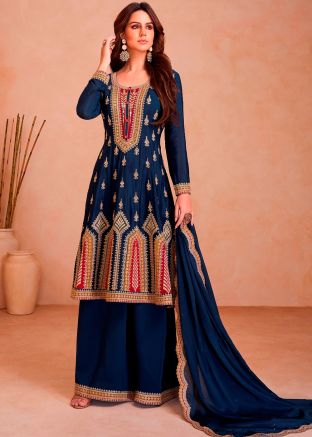 Readymade Blue Embroidered Palazzo Suit In Chiffon