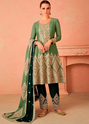 Green Readymade Embroidered Flared Chiffon Pant Suit