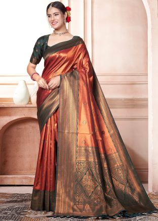 Rust Red Art Silk Woven Saree