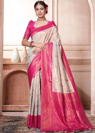Cream Art Silk Woven Work Saree