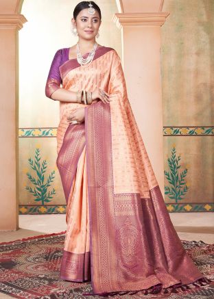 Peach Zari Woven Saree In Kanjivaram Silk
