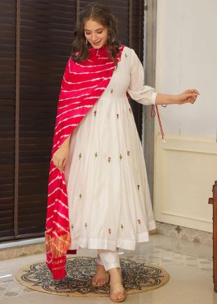 White Thread Embroidered Readymade Anarkali Suit