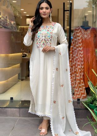 Readymade White Embroidered Pant Suit In Viscose