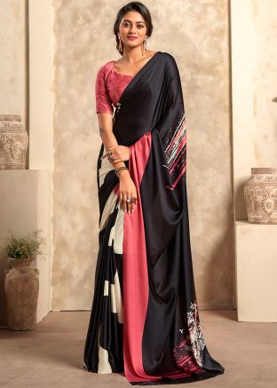 Black Digital Print Saree In Satin