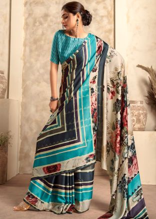 Blue Digital Print Saree In Satin