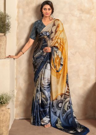 Multicolor Digital Print Saree In Satin