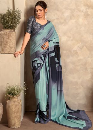 Grey Digital Print Saree In Satin