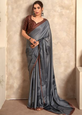 Grey Digital Print Saree In Satin