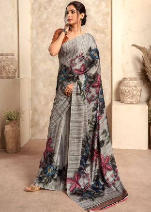 Grey Digital Print Saree In Satin