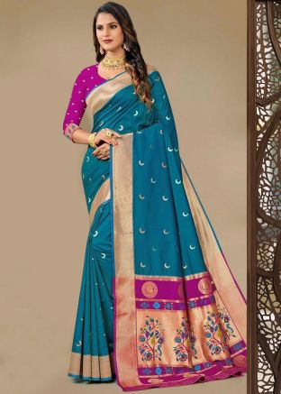 Blue Zari Woven Saree In Silk