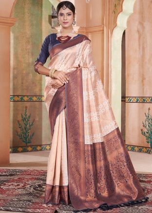 Cream Art Silk Woven Saree