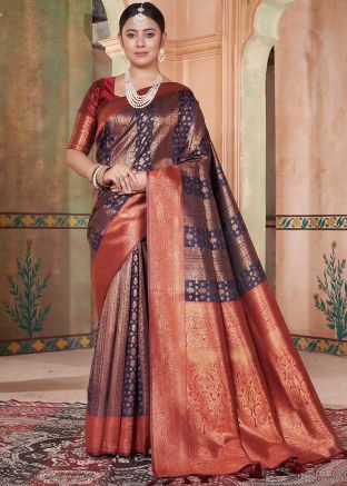 Navy Blue Art Silk Saree In Zari Woven