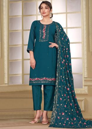 Readymade Teal Blue Embroidered Pant Suit Set