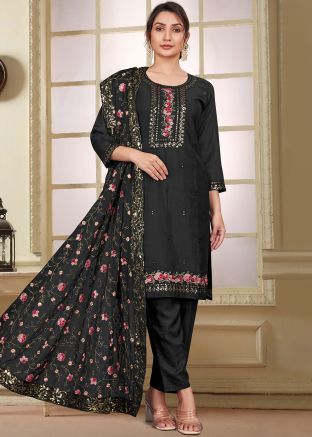 Readymade Black Embroidered Pant Suit In Georgette