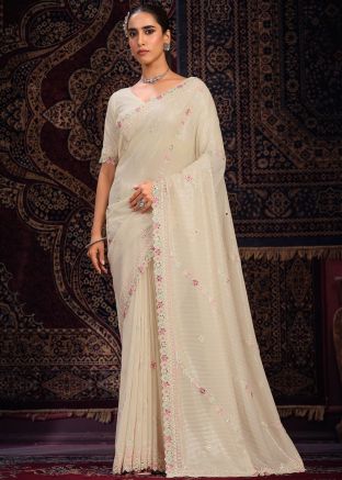 Off White Georgette Saree In Sequins Embroidery