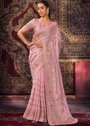 Pink Thread Embroidered Georgette Saree