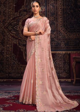 Peach Embroidered Organza Saree & Blouse