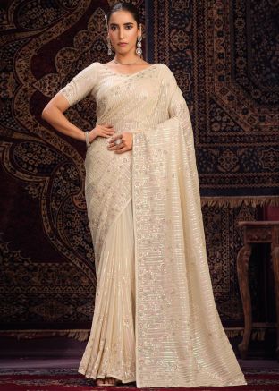 Off White Georgette Embroidered Saree
