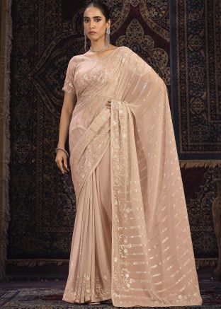 Peach Sequins Work Georgette Saree