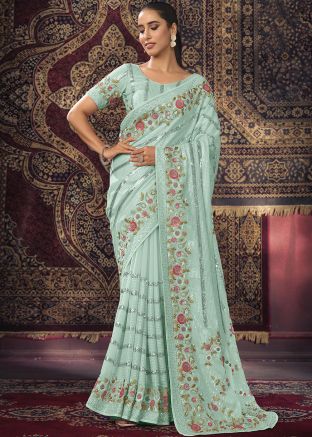Turquoise Thread Embroidered Georgette Saree