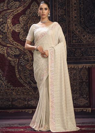 Off White Georgette Saree In Thread Embroidery