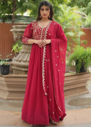 Readymade Pink Embroidered Anarkali Suit In Georgette