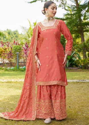 Readymade Orange Embroidered Gharara Suit Set