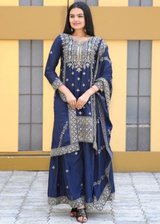 Navy Blue Readymade Embroidered Sharara Suit
