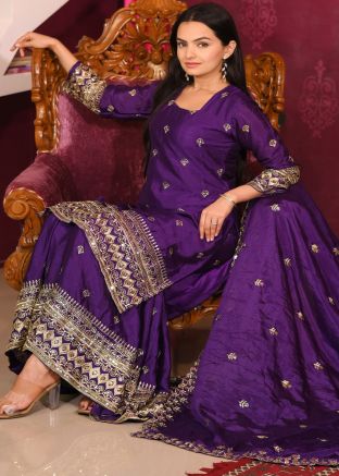 Readymade Purple Embroidered Gharara Set