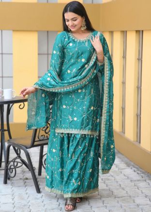 Teal Blue Embroidered Readymade Sharara Suit